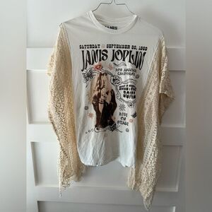 Upcycled Janis Joplin Graphic Tee with Lace Sleeves